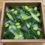 日々の料理 - クロムツの炙り、白鯛、80度の湯で湯引き、サワラを乗せ、十六インゲン、ケール、枝豆、白瓜小松菜のちらし寿司