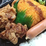 Yuushokutei - 遊食邸 錦店のお弁当、コロッケとからあげアップ（14.04）