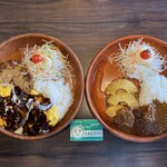びっくりドンキー - オムデミチーズバーグディッシュL¥1790内
(左)、パインカリーバーグディッシュS¥1170内(右)