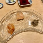 鮨 はしもと - 2024.8.  甘海老の唐墨和え・鮟肝・鮎のペースト