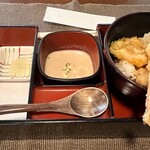 そば処たからい - 前菜（蕎麦がき揚げ）　蕎麦粉のポタージュスープ　ミニ天丼