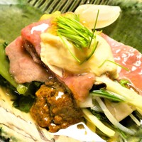 懐食みちば - 黒毛和牛内モモ しゃぶ仕立て 焼玉葱 青味 山椒味噌