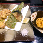 宵ノねこ - 天ぷら盛り合わせ（旬の海鮮、恵那どり、野菜3種）