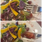 リストランテ クラシコ - …レタスにミニトマト、パプリカにブロッコリー、
      キュウリに紫キャベツ、紫いもに穂高インゲン…
      生で食べられるかぼちゃ・コリンキーがクルン♪(๑˃̵ᴗ˂̵)