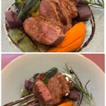 リストランテ クラシコ - ピンク色の鴨肉は、絶妙な火入れで柔らかく…
      癖も臭みもなくて美味しいお肉です(๑˃̵ᴗ˂̵)♪