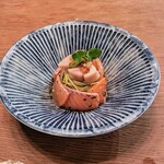 Seminare 輕井澤 - きゅうりのガスパチョと鮭と白子の冷製パスタ。白子を潰してソースにしてね