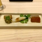 味ひろ - 蕗の薹 ミニ大根このわた和え からすみ 笹かれい