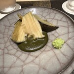 あま木 - 蒸し鮑と賀茂茄子揚げ浸し　肝と八丁味噌