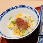 銀座 しのはら - ホタテ、万願寺とうがらし、コーンのご飯