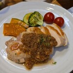 キッチン ブルー グローブ - 鶏もも肉コンフィのアップ