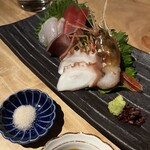 圓谷 - 造里 　お造り盛り合わせ　ボタン海老、真蛸、鰤、鱸、鮪