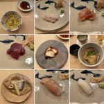 鮨 一新 - 先付一品　刺身三点盛り　小付一品
                                蒸し物一品　寿司握り七カン
                                玉子一個　巻物二分の一本
                                お椀味噌汁　アイスクリーム