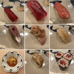 鮨 一新 - 先付一品　刺身三点盛り　小付一品
      蒸し物一品　寿司握り七カン
      玉子一個　巻物二分の一本
      お椀味噌汁　アイスクリーム
      (玉子、お椀、アイスの写真は有りません)