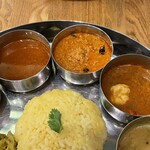 對馬流 南インド系辛口料理店 タリカロ - 左から辛口チキンカレー・鶏挽き肉のカレー・海老カリー・ダール