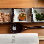 妙見石原荘 食菜石蔵 - ご飯のお供、そうだ節、卵黄醤油漬、あおさのり、