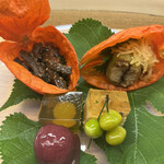 赤坂 菊乃井 - 昼懐石１５７３０円。ゴーヤ味噌炒め、白瓜土佐酢和え、鱧水玉胡瓜、山桃葛饅頭、寄せ鱧の子、鶉の卵煮凝り、翡翠銀杏。見た目も味も良き八寸です。