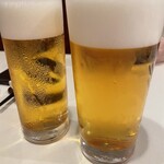 南国酒家 原宿本店 - ←ランチビール、→生ビール。いずれも一番搾り生ビール。