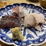 食堂 おがわ - “鯵、鰹たたき、鱧少し炙り”全て素晴らしいけど、この鯵、鯖と鯵のミックスみたい。今まで食した事ない“鯵”、ここでしか味わえない！