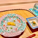 炎水 - お造り一皿目　徳島の真鰈と福井の赤雲丹
