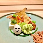 炎水 - ヤッコ、鶉やずんだと新銀杏、オクラなど焼き夏野菜の盛り合わせ　鰹節の粉で楽しみます♫