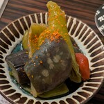 麦 - お通し¥300　
茄子と獅子唐の揚げ浸し