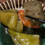 麦 - お通し¥300﻿　 茄子と獅子唐の揚げ浸し