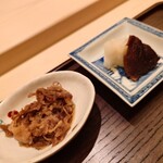 山﨑 - 牛肉の時雨煮、漬物