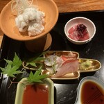 すみや亀峰菴 - 鱧落とし マグロ 蛸 金目鯛焼霜  梅肉醤油と土佐醤油