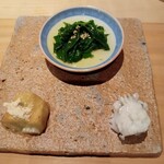 明けましておめでとうございます - モロヘイヤのお浸し、焼き茄子、鱧