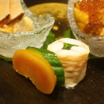 日本料理 幸庵 - 蟹の湯葉巻き、カラスミ胡瓜