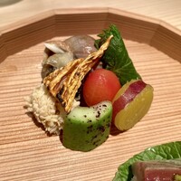 御成門はる - 珍味八寸 こちの真子 つぶ貝 炙りばちこ いわしのなめろうの大葉包み アイコトマトのお浸し 瓜 薩摩芋 あじ鮨