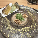 軽井沢くろいわ 無二 - 胡桃そうめん、7時間蒸したさつまいも天ぷら、アスパラ、椎茸