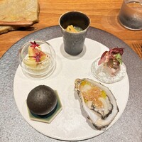 カウンターフレンチ霧島 - つまみ5種　アリゴ饅頭・兎のパテ ・ムール貝茶碗蒸し・宮城生牡蠣 ・無花果ブリヤサヴァラン