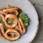 スルメイカと肝ソテーと焼きロメインレタス