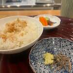 日本料理 一会 - 白ご飯TKG　（山葵と塩昆布も頂きました）