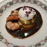 レストラン コバヤシ - ニンニクのフランと車海老　春菊のピュレ・ホイップミルク・ソースナンチュア