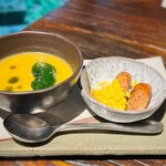白金亭 - ・たっぷり野菜のミネストローネピューレ仕立て
      …野菜の旨みが凝縮されたポタージュのような滑らかで優しいスープ。永遠に飲んでいたかった
      ・チョリソー＆とうもろこしソテー
      …辛さと甘さのコントラストが良き