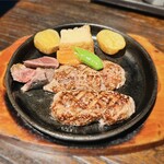 白金亭 - ・特選炭火焼ハンバーグと一口ステーキ
      小さめサイズなので直ぐに火が通ってしまうも、肉肉しくジューシーで美味
      付け合わせは絹厚揚げ・キタアカリ・シャッキリ甘いスナップエンドウ・柔らかすぎて残念なグラッセ