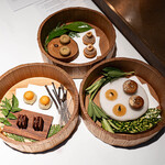 レフェルヴェソンス - Pioneers | Melon mochi /Peanut financier /Hazelnut Mont Blanc  Rice flour, japanese mugwort/ Plum and red shiso crystal / Chocolate, dry ginger Matcha/World Peace  ​