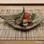 御料理 寺沢 - 幼雌穂に鮎一夜干し､銀杏の素揚げ､喜知次焼､唐墨に無花果の田楽､酸漿の中には卵黄味噌漬