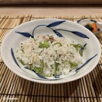 御料理 寺沢 - のどぐろの炭火焼と香豆とパドロンの刻みの炊込みごはん