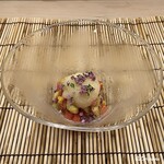 御料理 寺沢 - 焼玉蜀黍と西瓜に新玉葱のエスプーマ