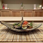 御料理 寺沢 - 幼雌穂に鮎一夜干し､銀杏の素揚げ､喜知次焼､唐墨に無花果の田楽､酸漿の中には卵黄味噌漬