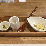 酒楽亭 空庵 - 前菜　右からポテトサラダ、玉ねぎとココナッツのポタージュ、ゼリー