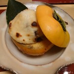 旬菜 幸 - 替え鉢：牡蠣の柿窯グラタン：柿（甘みたっぷり）、ブランドトウモロコシ（ホワイトショコラ）をホワイトソース仕立てた。柿の甘さ、牡蠣の旨味を、ホワイトソースが引き立たた。