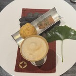 KANAZAWA DINING きざはし - へしことグリエールチーズのグジェール、ガスエビのビスク 雲丹のフォーム