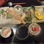 KANAZAWA DINING きざはし - 鮎のオムレツ、うるかチーズ、甘海老の雲丹風味あられ揚げ、能登豚のリエット、加賀蓮根のフレッシュチーズ仕立て 他