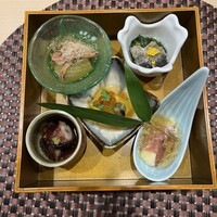 梅田 鮨 個室 みや川 - 那須の水晶煮、菊菜とさんま、南京豆腐、イチジクと生ハム、タコのやわらか煮