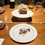 ドンブラボー - （上）サマートリュフ＆鶏レバーペーストのブルスケッタ
      
      （下）軽く薪火で燻した初カツオのカルパッチョ、エシャロット、マジョラム、ナッツ、ゴルゴンゾーラパウダーなど