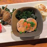 梵天 - あん肝ポン酢
、黒バイ貝旨煮
、ポテトサラダ
、フルーツトマト、クリームチーズ＆黒胡椒塩漬け